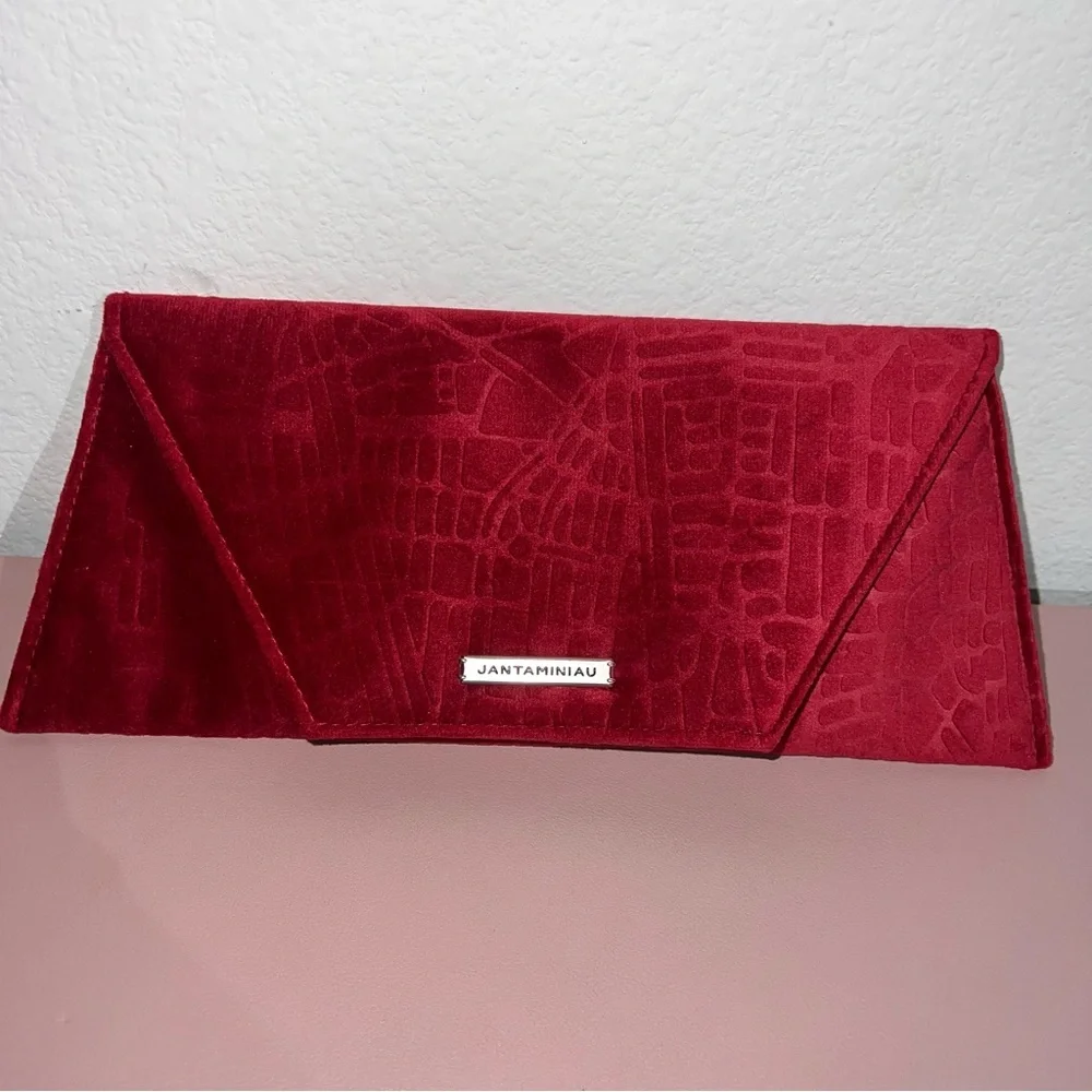 JANTAMINIAU Envelope Style Clutch Royal Red Raised Design Velour Fabric Branded‎